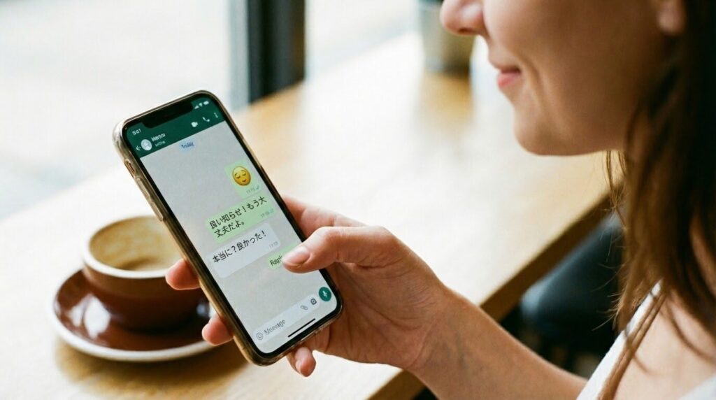 カフェのテーブルでスマートフォンを持ち、LINEの画面を見て安心したように微笑む女性の手元。