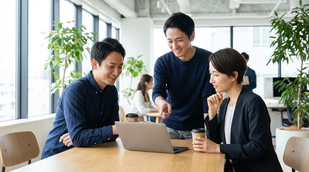 ノートパソコンを開いて打ち合わせをする、Webデザイナー（日本人男性）とクライアント（日本人男性）の信頼感あるツーショット