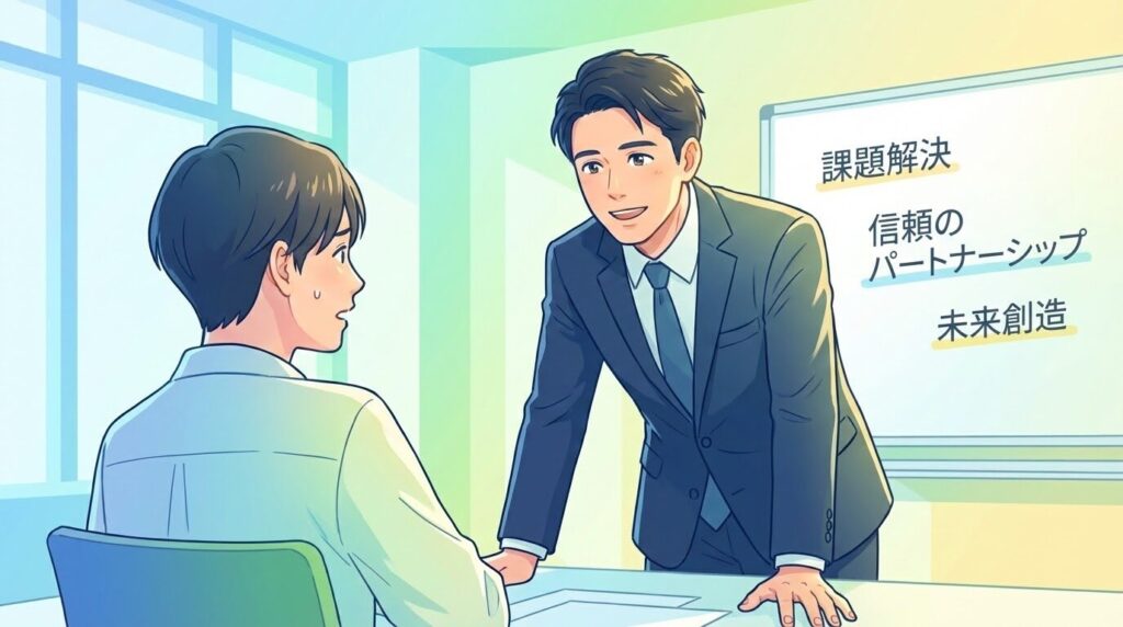 顧客の悩みを親身に聞くビジネスマンのイラスト