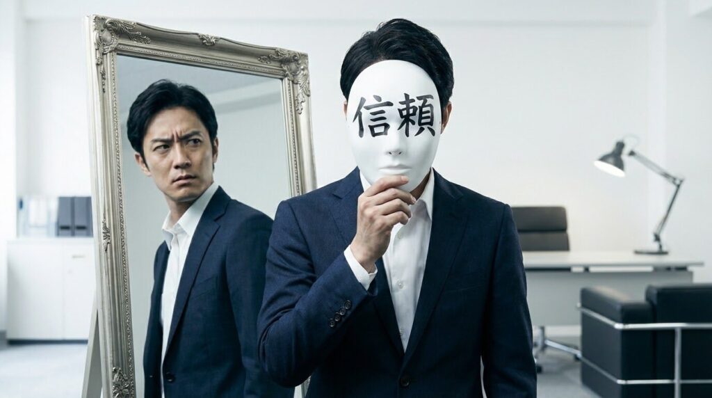 鏡に向かって微笑むビジネスマンだが、鏡の中の表情は冷徹で、手元には「信頼」と書かれた仮面を持っている