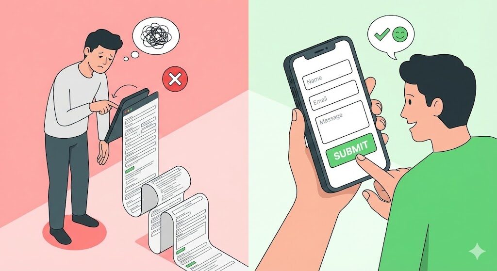 長い巻物のような入力フォームを見て溜息をつくユーザーと、短い3項目のフォームを見て笑顔で入力するユーザーの比較イラスト。