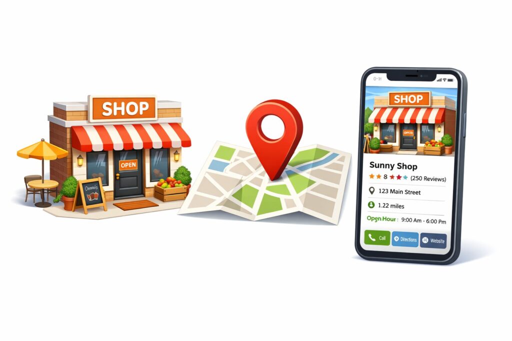 清潔感のあるお店の入り口と、そこへ続く分かりやすい地図のイラスト