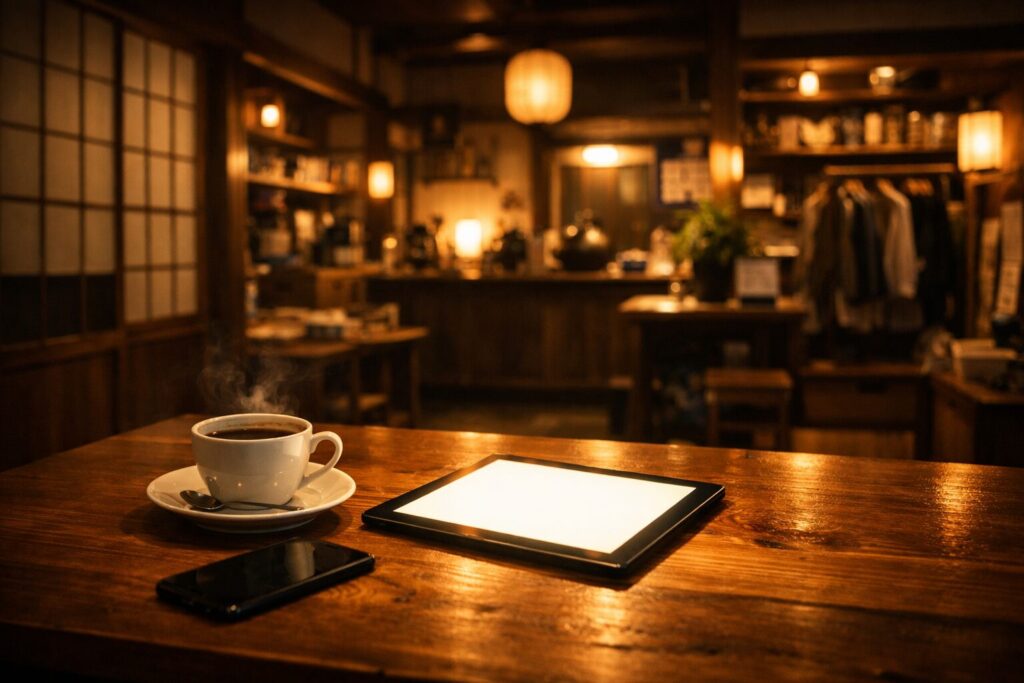 閉店後の落ち着いた店内で、タブレット端末とコーヒーを前にリラックスして作業する店主の様子