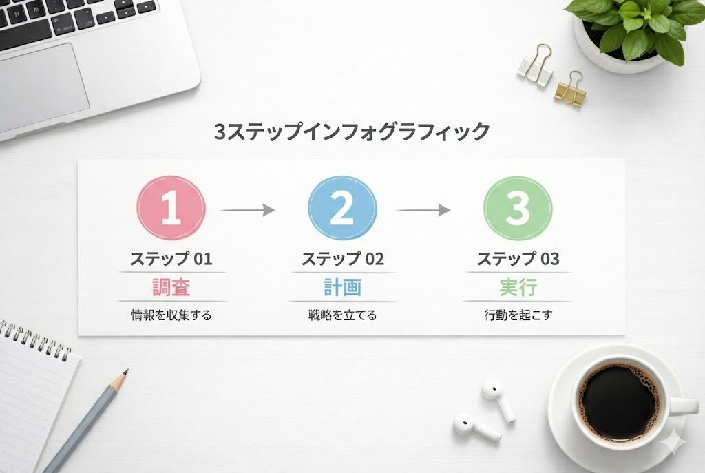 ステップ1(ネタ出し)、ステップ2(構成案)、ステップ3(下書き)と書かれたシンプルなフローチャート