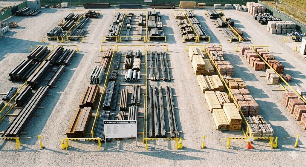 現場の資材置き場で、種類ごとにサイズが揃えられ、整然と並べられた建設部材。