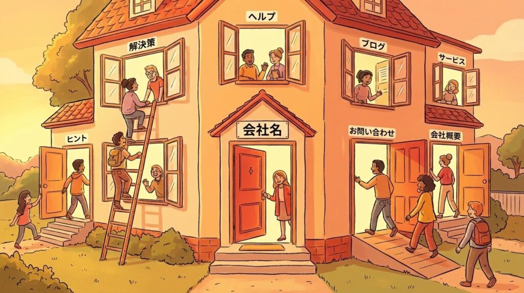 一つの扉(社名)だけでなく、たくさんの窓や扉(キーワード)が開かれていて、そこから多くの人が入ってくる家のイラスト。