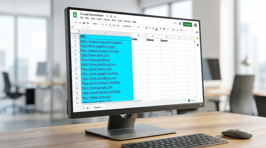 Googleスプレッドシートの画面。A列にURLだけが整然と並び、不要なデータが削除されている様子。