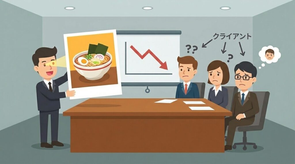 スーツを着たビジネスマンが、真剣な会議の場で、笑顔でラーメンの写真を掲げているイラスト。周りの人は呆れている