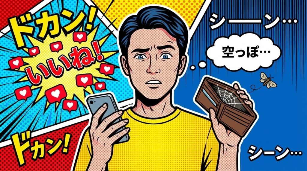 スマートフォンの画面からたくさんのハートマーク（いいね）が飛び出しているが、手元の財布を開けると中身が空っぽで困っている人のイラスト