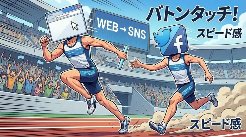 リレーのバトンパスのイラスト。第一走者（SNSアイコンの顔）が、第二走者（ホームページの画面の顔）にバトンを渡している。