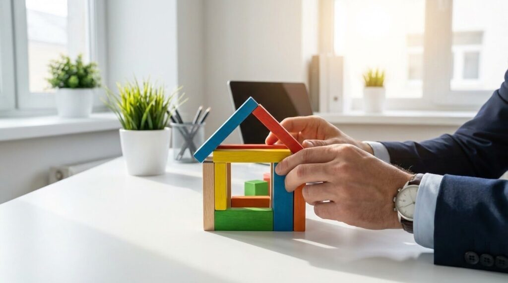 デスクの上で、複雑な知恵の輪ではなく、シンプルな積み木を組み立てて完成させているビジネスパーソンの手元。明るく整理整頓されたオフィス