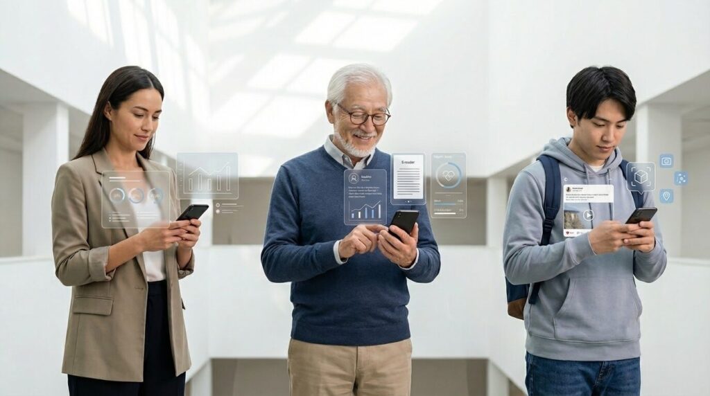 : 異なるスタイルの人々のシルエットと、それぞれのターゲットに最適化されたスマートフォンの画面イメージ