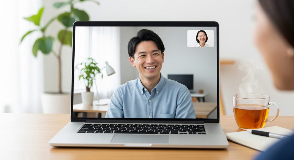 Zoomのようなビデオ通話画面で、笑顔で打ち合わせをしているWebデザイナーとクライアントの様子。