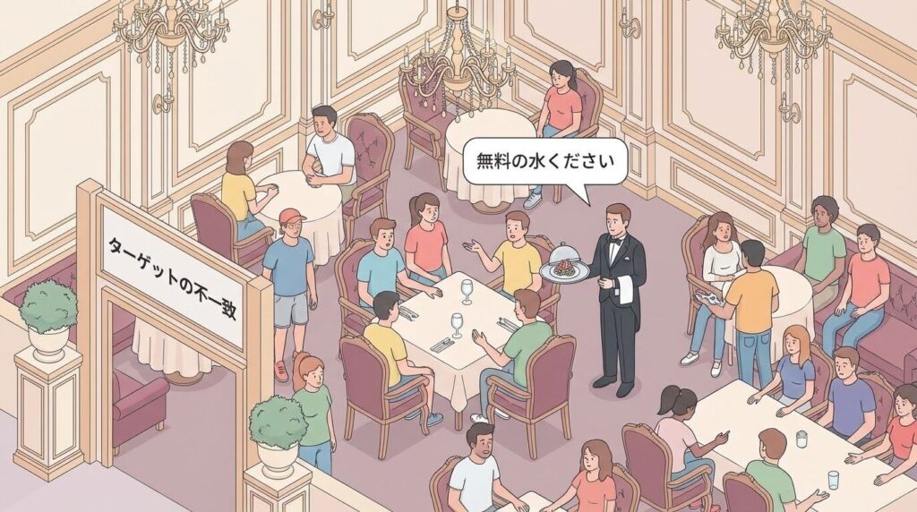 店内は多くの客で賑わっているが、店員が差し出した高級料理に対して、客たちが「違う、水が欲しいだけだ」といった困惑した表情をしているイラスト。