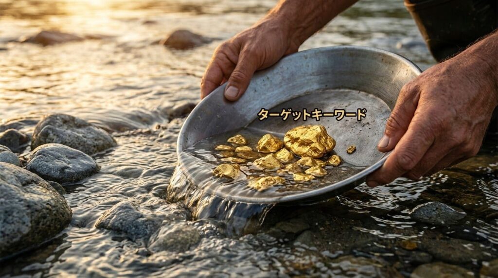 砂金採りのように、ザルのようなフィルターを使って、川底の砂利の中から「金塊（Gold）」だけを選別しているビジネスパーソンの手元アップ。