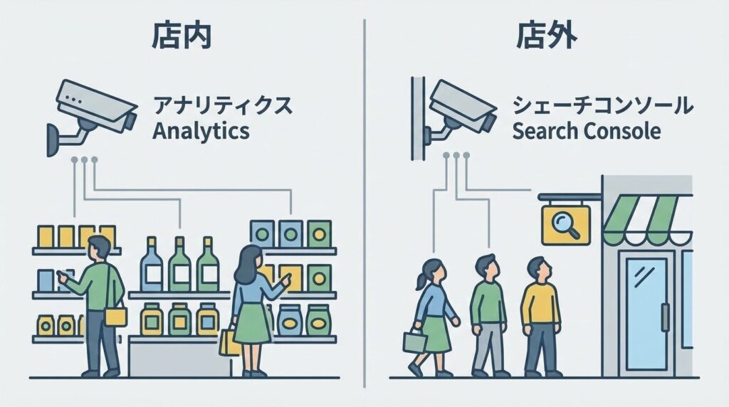 お店の「中」に設置されたカメラ（Googleアナリティクス）と、お店の「外」の道路で看板を見ている人を観察するカメラ（Googleサーチコンソール）の対比図