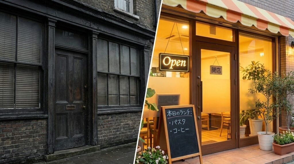 左側は薄暗く看板も出ていない入りにくい店のドア。右側は明るい照明でメニューボードが出ており、中から賑わいが感じられる入りやすい店のドア。