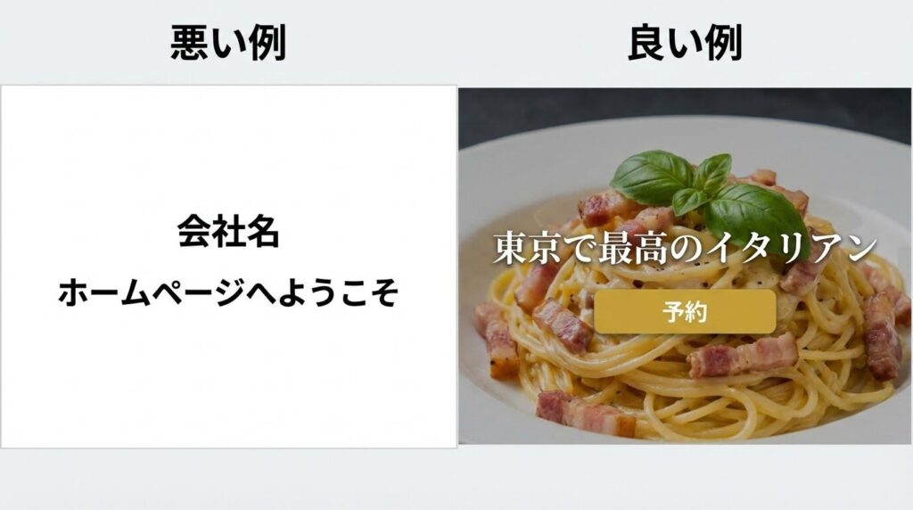 左側（Bad）は、Wordで作ったような文字だけのWebサイト。「会社概要」「お知らせ」の文字が並ぶだけ。右側（Good）は、美味しそうな料理の大きな写真の上に、「極上のディナーを」というキャッチコピーが入った魅力的なトップページ。