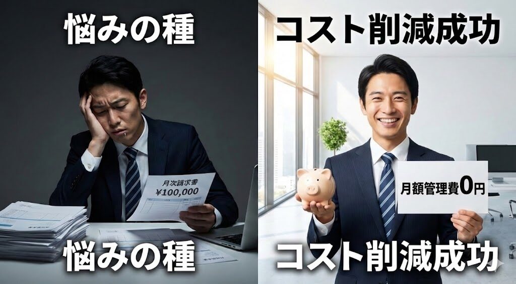 請求書を見て頭を抱える経営者と、コスト削減に成功して笑顔になる対比イメージ