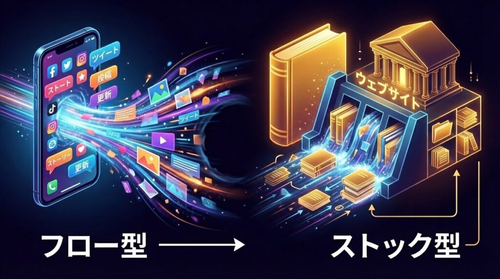 スマートフォンから溢れ出る大量の写真やテキストが川のように流れていく中、その横で一冊のしっかりとした「本（Webサイト）」が情報を整理して蓄積されているイラストイメージ