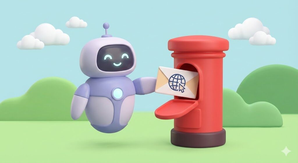 郵便ポストに、笑顔で手紙（招待状）を投函しているかわいらしいロボットのイラスト。