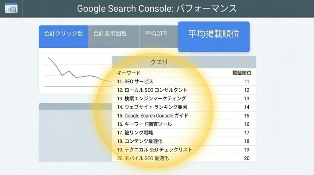  Googleサーチコンソールの「検索パフォーマンス」画面の模式図。「平均掲載順位」のタブと、11位〜20位のリストが強調表示されている