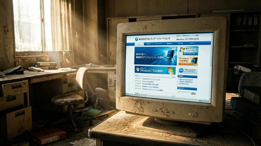 埃を被った古いパソコンのモニターに、更新が止まった古いデザインのホームページが表示されている様子。