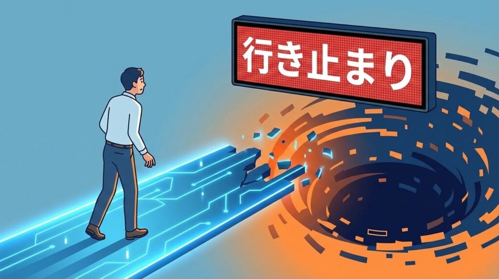 道の途中で行き止まりに突き当たり、困惑している人のイラスト