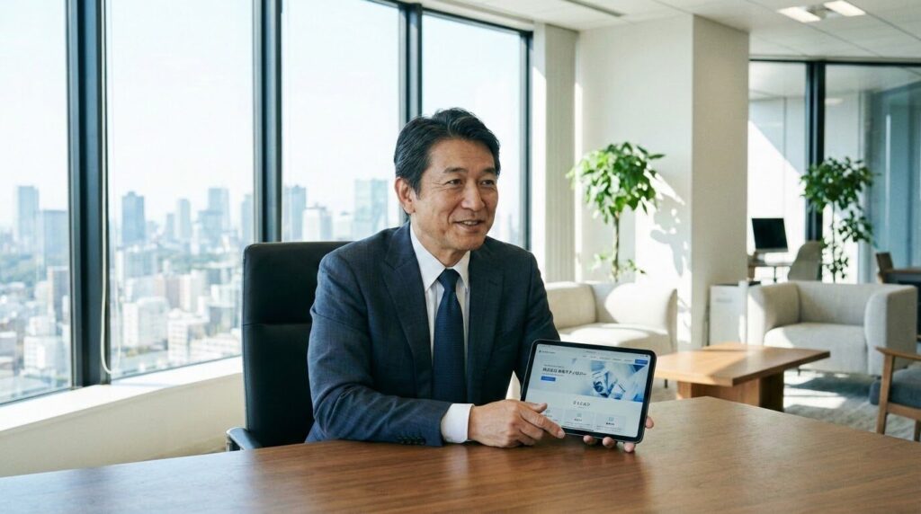 オフィスで自社のホームページを確認しながら、信頼感のあるデザインについて考える経営者の様子。