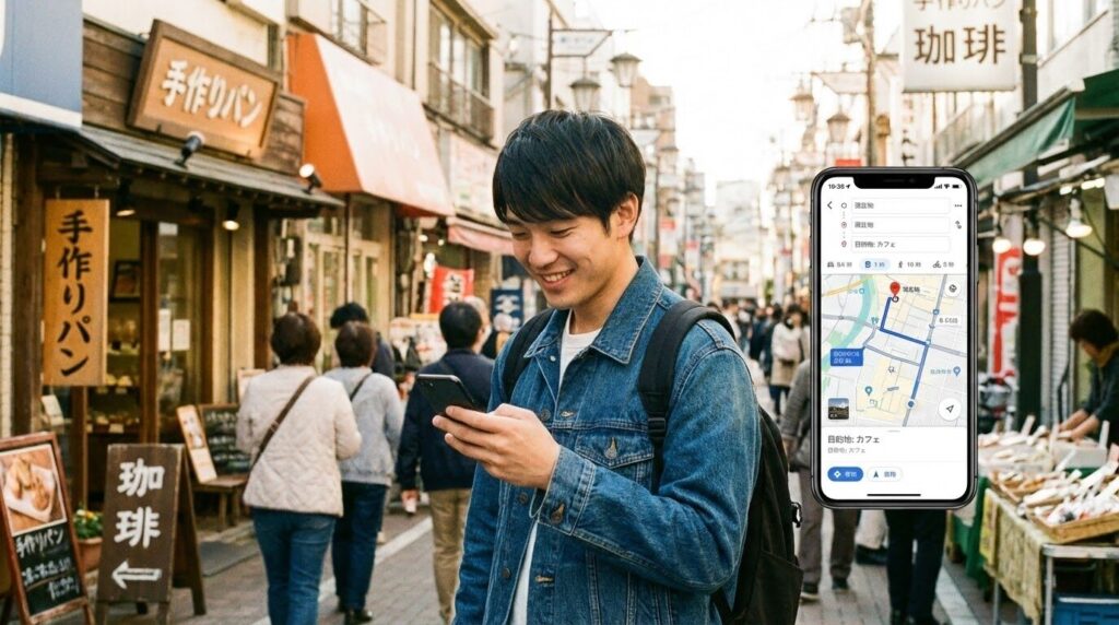 街角でスマホの地図アプリを見ながら、どのお店に行こうか選んでいる笑顔の男性