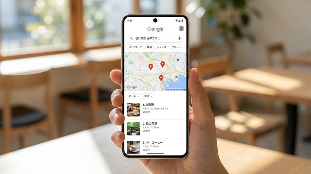 スマートフォンのGoogle検索画面で、検索結果よりも上に地図と店舗リストが表示されているイメージ図。
