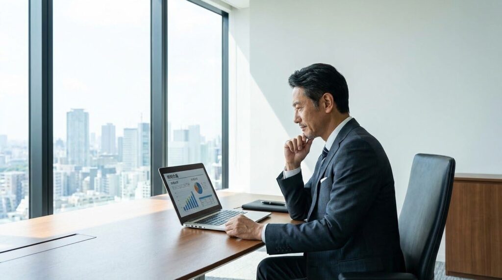 デスクでノートパソコンを前に、戦略を練る落ち着いた雰囲気の経営者。