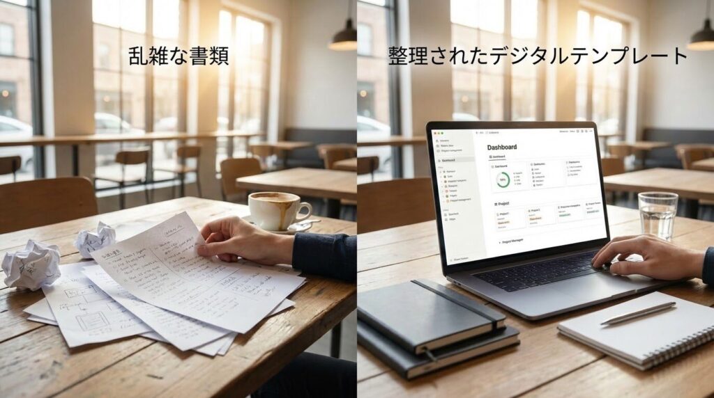 カフェでパソコンに向かい、効率よくブログを執筆している個人事業主のイメージ。傍らには整理されたノートとコーヒー。