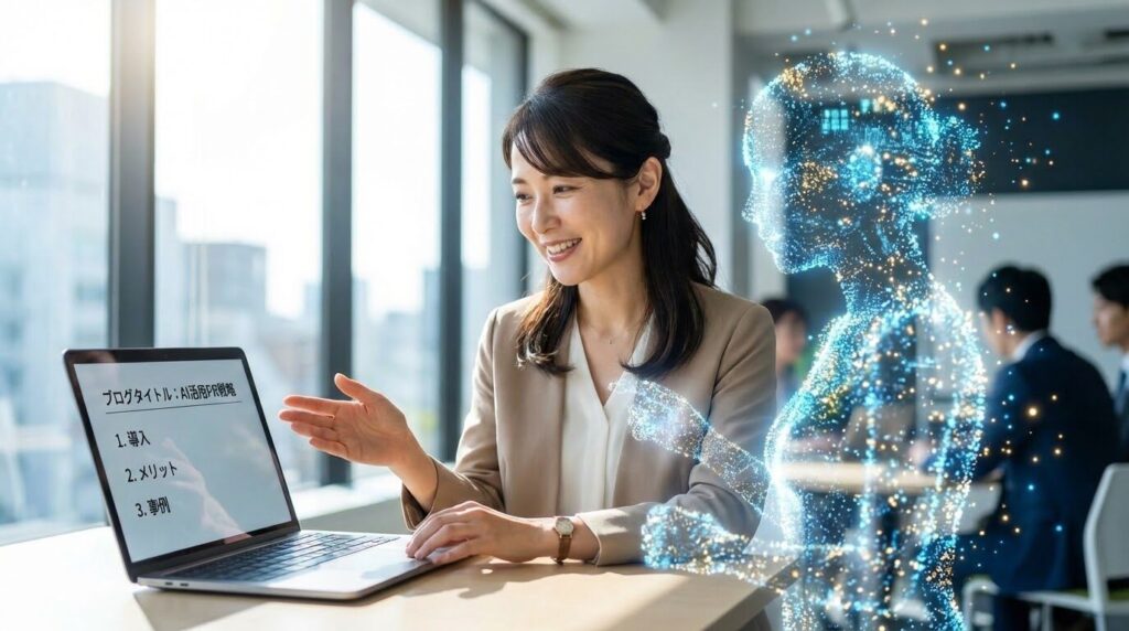 オフィスでノートPCを前に、AIのホログラム的なインターフェースと協力してブログ記事の構成を練る広報担当者のイメージ