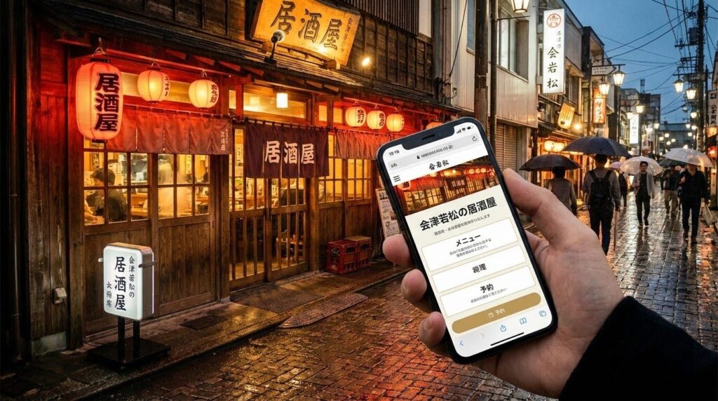 会津若松の情緒ある飲食店が並ぶ通りで、スマートフォンに表示されたお店のホームページを確認する人の手元。