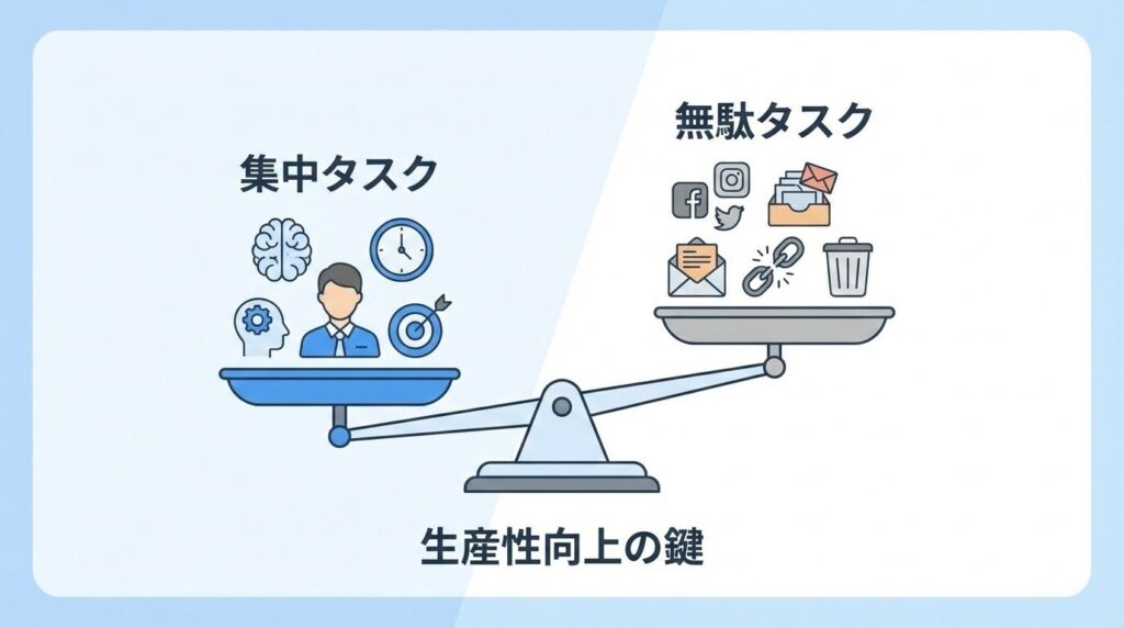 「やるべきこと（Focus）」と「やらないこと（Eliminate）」を分ける天秤のイラスト