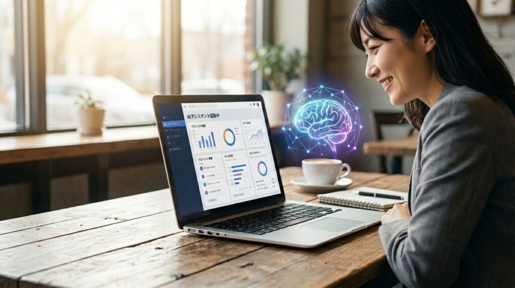 カフェで最新のノートパソコンを使い、スマートに仕事をするビジネスパーソンの横に、AIを象徴する光の粒子がサポートしているイメージ図。