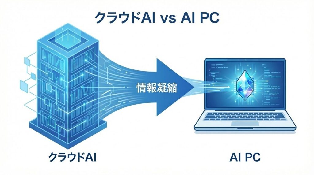 巨大な図書館(クラウドAI)から、一冊の魔法のノート(AI PC)が取り出され、ユーザーの手元に届く様子を描いた比較イラスト