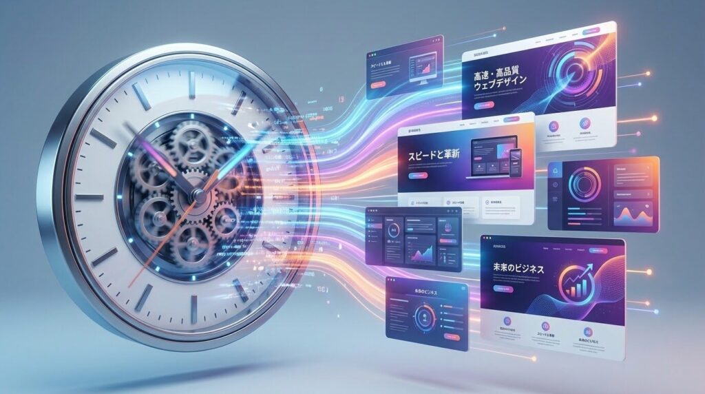 グラフや時計、高品質なWebサイトのイメージが融合し、効率化を象徴するビジュアル