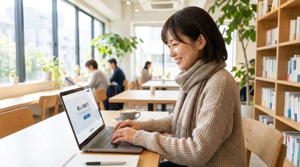 カフェのような落ち着いた空間で、ノートパソコンを開きながら優しく微笑む個人事業主の女性。画面には制作中のWebサイトが映っている