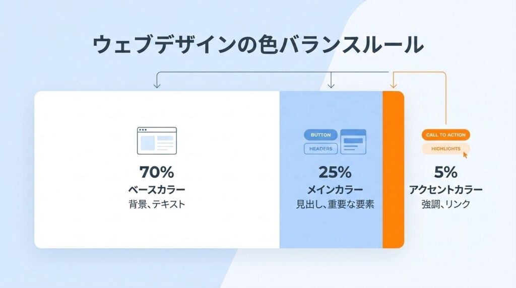 LPデザインにおける色の配分ルールを示したカラーチャート。ベースカラー、メインカラー、アクセントカラーの比率が直感的にわかるデザイン。