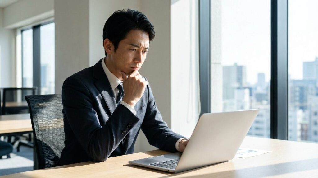 パソコンの前でブログのネタに悩み、頭を抱える個人事業主の男女。背景には明るいオフィスの風景。