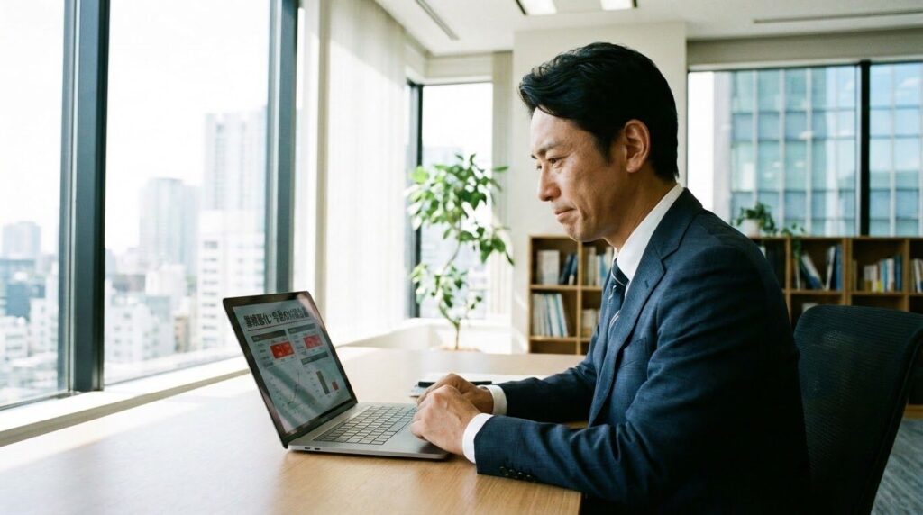 パソコンの前でホームページの運用について悩むビジネスパーソン