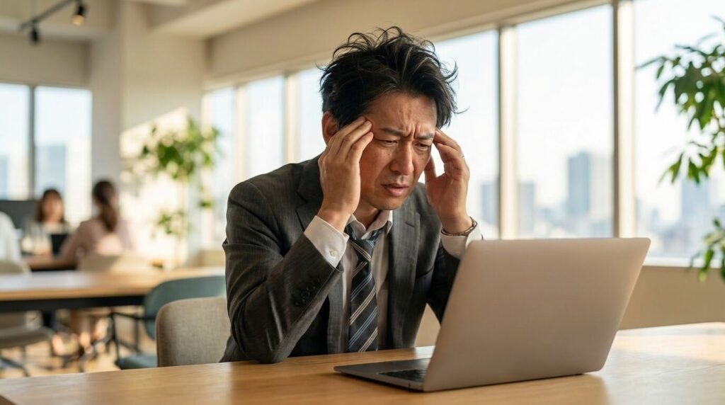 パソコンを見て頭を抱えるWeb担当者の男性