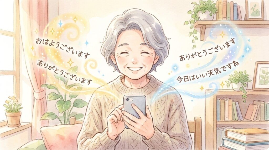 笑顔のシニア女性がスマートフォンに向かって優しく話しかけており、その声がキラキラした魔法のように綺麗な日本語の文章に変わっていくイラスト