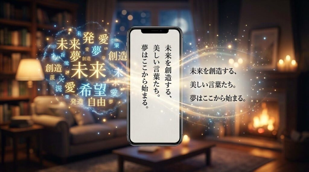  宙に浮かぶバラバラな日本語の単語が、スマートフォンの画面を通り抜けると、整然とした美しい日記の文章に並び変わる幻想的なイメージ