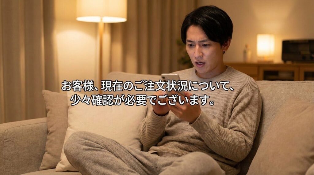 スマホに向かってカジュアルに話しかける女性と、画面に表示された「です・ます調」のテキスト。