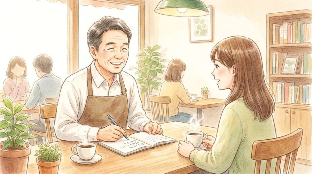 店主がメモ帳を持ちながら、お客様と笑顔でコミュニケーションを取っているイラスト。
