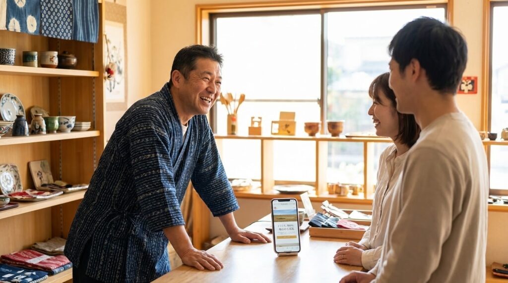温かい雰囲気の個人商店の店主が、笑顔でお客様と会話している様子。手前にはスマートフォンが置かれている。