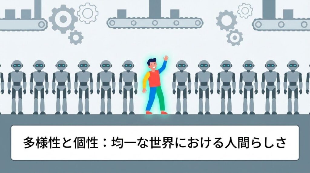 全く同じ形をしたロボットの列の中に、一人だけ違う服を着て表情のある人間が立っているイラスト。